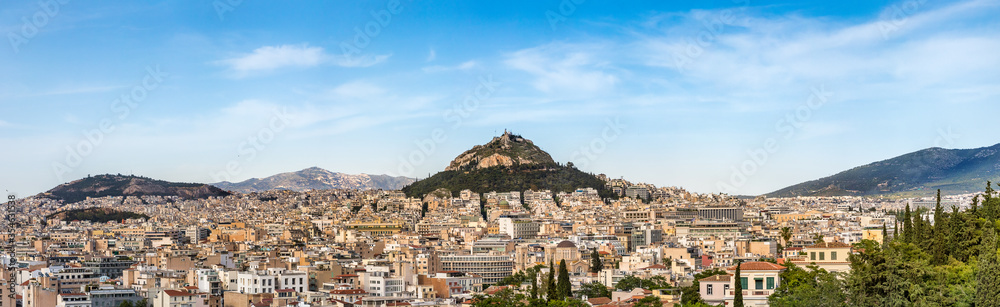 Panoramic view of the Lycabettus Hill from the Areopagus hill, Athens, Greece.