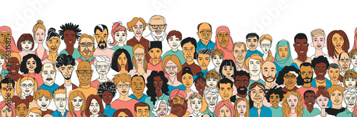 Women's men's children's portraits line drawing doodle poster seamless border