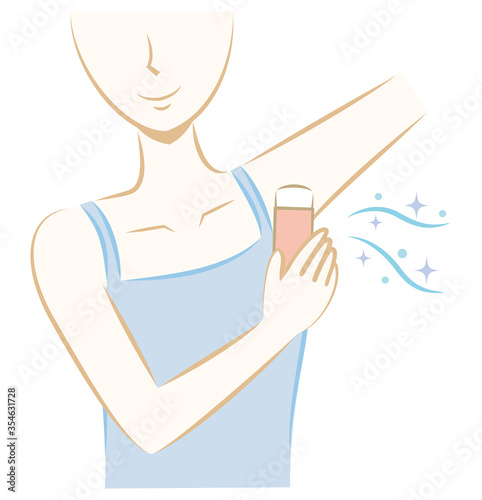 脇に制汗剤を塗る女性　デオドラント　体臭対策　手描き風