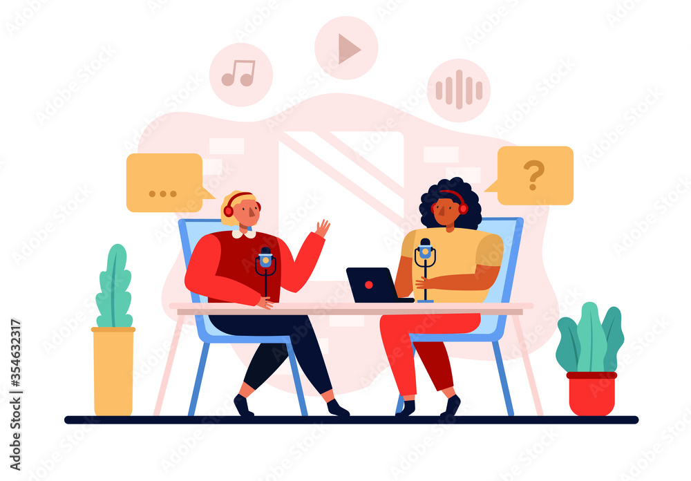 Womans sit at a table with a laptop and a microphone, in headphones and records a podcast. Concept of creating podcast, blogging. Girls interview, conducts webinar, online courses. Vector, Isolated