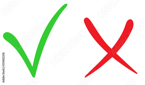 Yes and no symbols. Green check mark and red cross icon symbol isolated on white. Vector  illustration for graphic and web design. Tick and cross