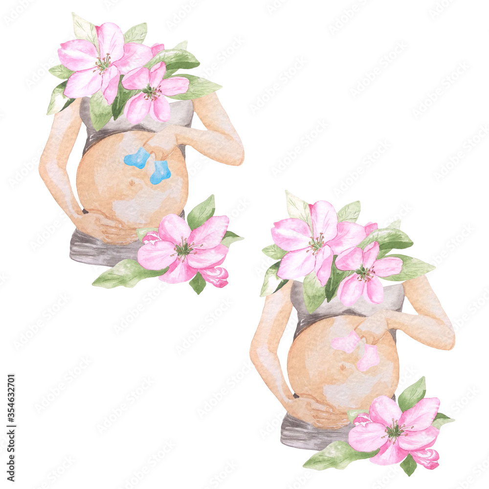 Watercolor illustration of the belly of a pregnant woman with pink and