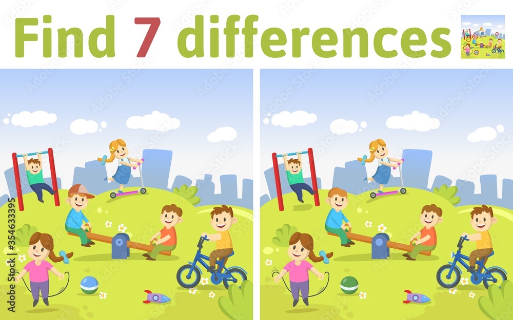 Find the differences in two colored pictures. Children riddle game with kids playing at the plyground. English language educational game sheet. Colorful flat vector illustration. Find the differences in two colored pictures. Children riddle game with kids playing at the plyground. English language educational game sheet. Colorful flat vector illustration.