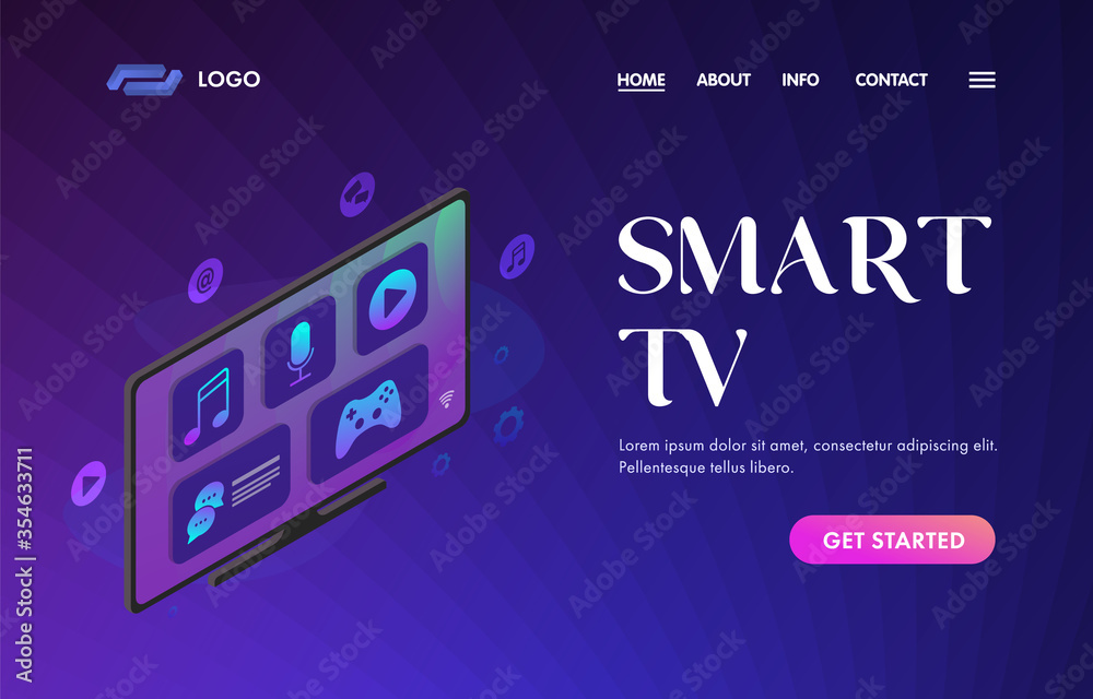 Vettoriale Stock Smart TV 4K, FullHD UI UX vector web template for website  header, banner, slider or landing page. LED TV with color app buttons on  display - music, voice control, cinema,