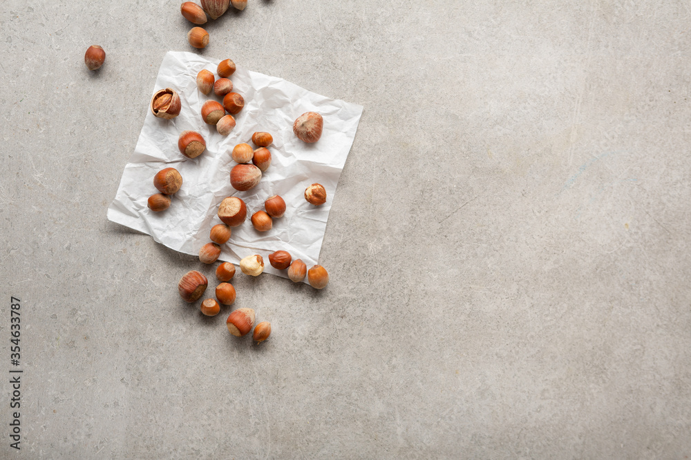 Overhead view of heap hazelnuts and copy space, healthy food Overhead view of heap hazelnuts and copy space, healthy food