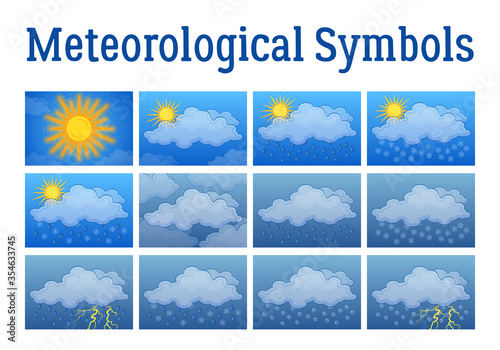 Set of Different Weather Icons, Illustrating Various Natural Phenomena, Sunny, Cloudy, Rain, Storm, Snow, Sleet and Hail. Eps10 Contains Transparencies. Vector