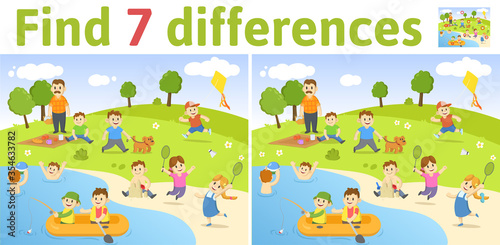 Find the differences in two colored pictures. Children riddle game with characters playing in the park by the lake. English language education sheet. Colorful flat vector illustration.