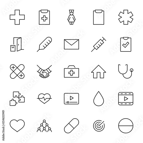 Set of Medicine vector line icons. It contains the first aid kit, nurse, syringe, thermometer, plastic, pills, heart, drop of blood, palpitation and much more. Editable Stroke. 32x32 pixels.