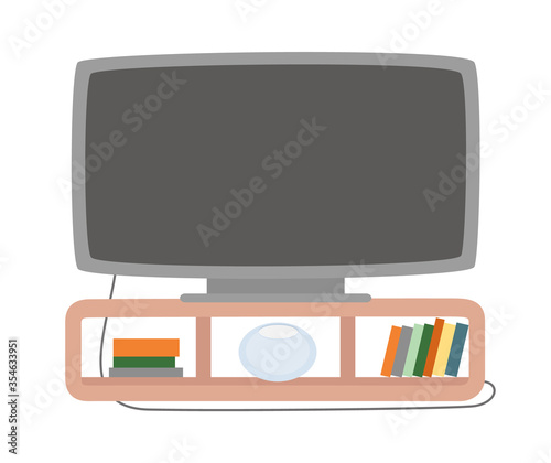 Plasma on brown wood stand with collection of books, broad TV screen for watching movies. Wide monitor on shelf vector illustration isolated on white