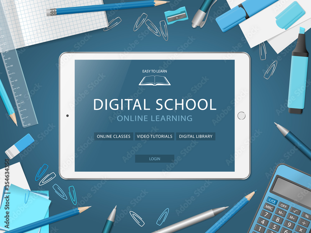 Desktop with tablet and school supplies. Online learning website page ...