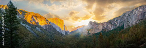 Yosemite valley nation park during sunrise view from tunnel view on morning time. Yosemite nation park, California, USA. Panoramic image.