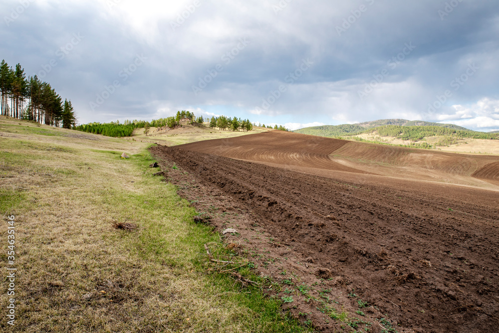 plowed field, arable land, blue sky with clouds, landscape plowed field, arable land, blue sky with clouds, landscape