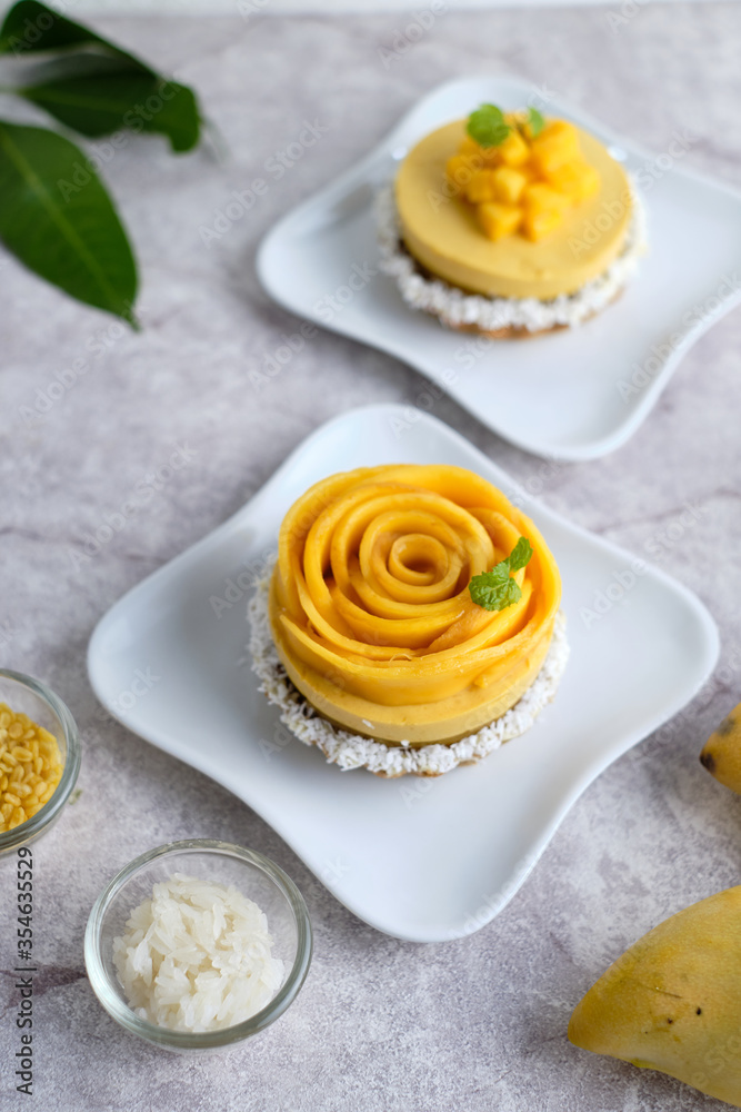 Mango Mousse tart with sticky rice and fresh mango. Mango Mousse tart with sticky rice and fresh mango.