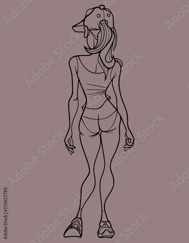 sketch of cartoon sexy slim woman in bikini sneakers and cap