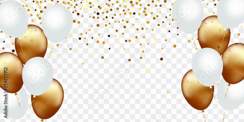 Celebration banner with gold confetti and balloons