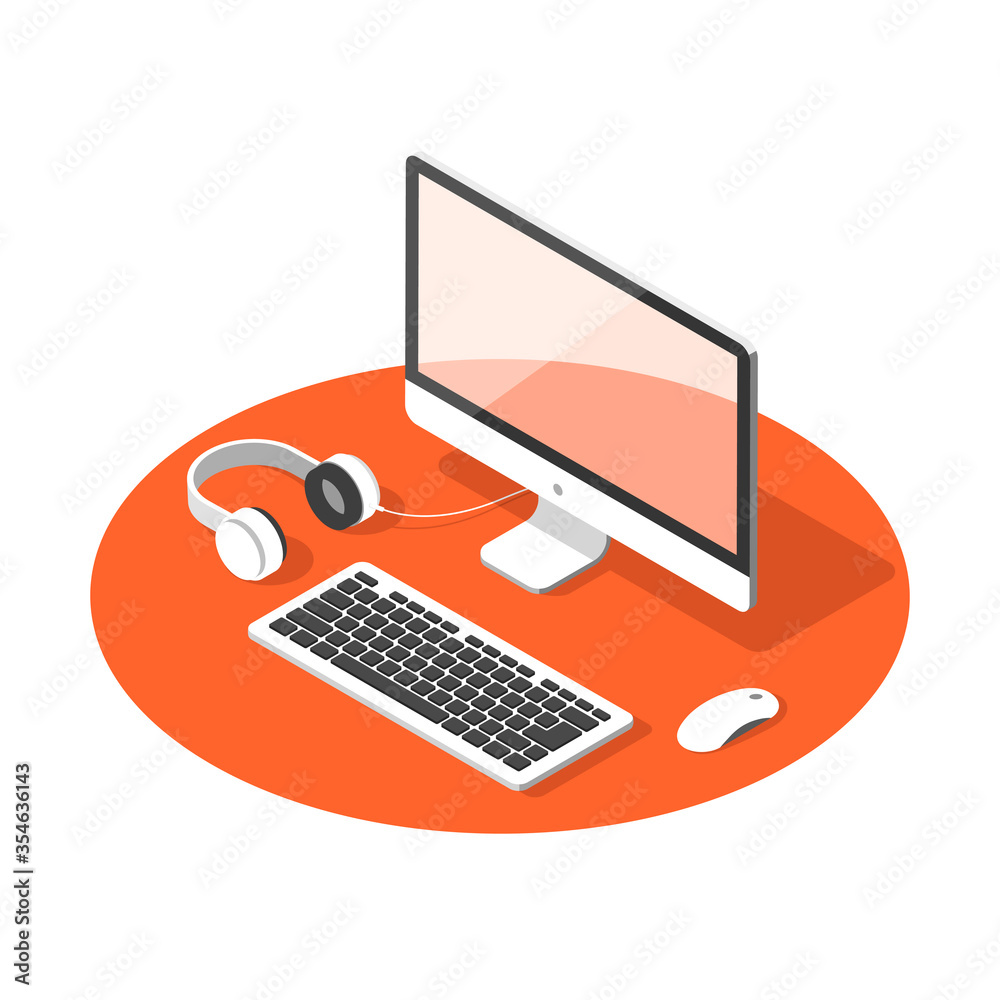 Fototapeta premium Isometric concept of workplace with laptop and office equipment.