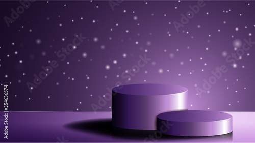Round white stage podium illuminated with luxury on glitter particles background for product presentation.