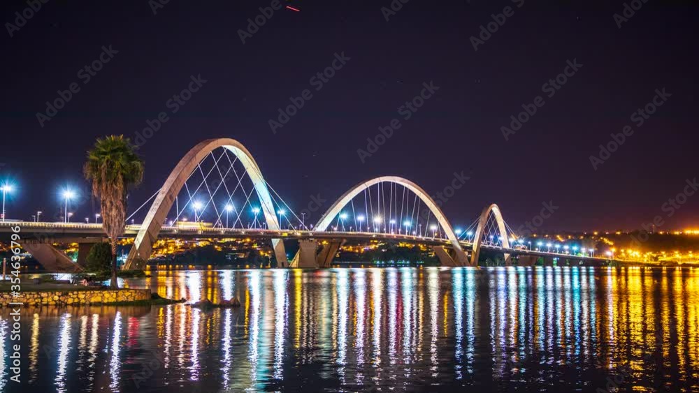 Brasilia, Brazil - March 12, 2020: Cars race across the Juscelino Kubitschek Bridge just after sunset in Brasilia, Brazil.