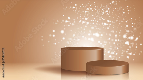 Round white stage podium illuminated with luxury on glitter particles background for product presentation.