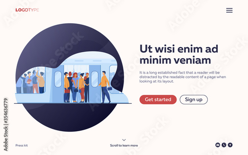 Crowd of commuters traveling by subway train. Metro passengers standing in overcrowding tube carriage. Vector illustration for public transport, commuting, rush hour concept