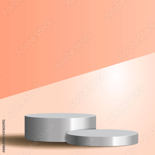 Round white stage podium illuminated with luxury on glitter particles background for product presentation.