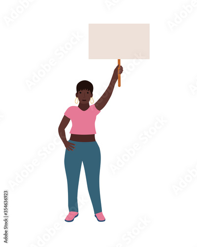 black woman hold blank poster in hand, activist. vector illustration