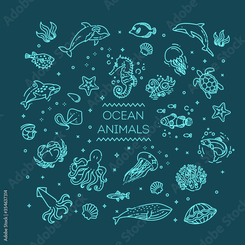 Set of sea or ocean animals icons.Vector illustration