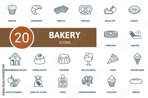 Bakery icon set. Collection contain strudel, pancake, donut, apple, pie, pretzel, waffle, croissant and over icons. Bakery elements set.