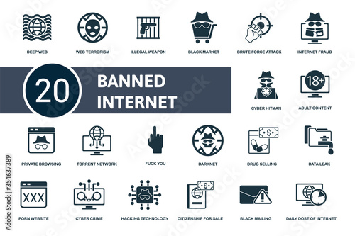 Banned Internet icon set. Collection contain black, market, deep, web, terrorism, hacking, data, leak, darknet and over icons. Banned Internet elements set.