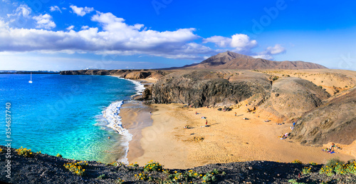 Beautiful volcanic nature and beaches of Lanzarote.Papagayo beach. Canary islands, Spain