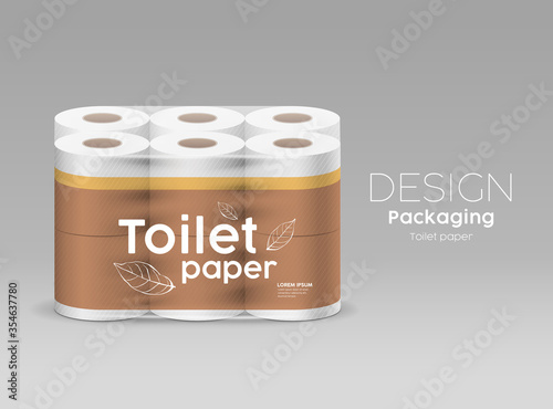 Plastic roll toilet paper one package twelve roll, leaf and brown design on gray background, vector illustration