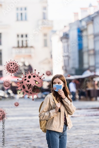 Beautiful woman in medical mask looking at angry bacteria illustration on street