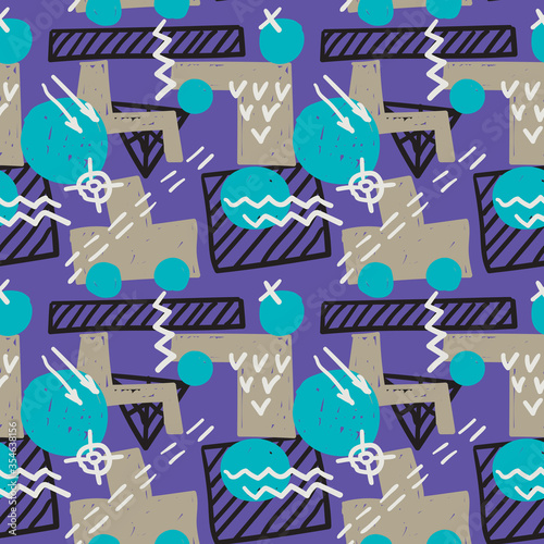 Memphis style seamless pattern. Grunge vector texture. Childish style design with geometric shapes and sketched lines.