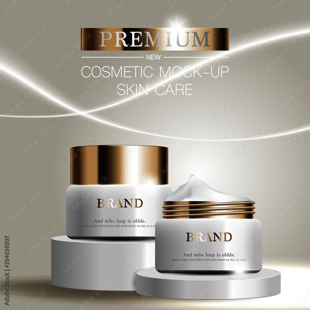 Cosmetics cream mockup banner, bottles package design Realistic on glitter particles background, vector illustration.