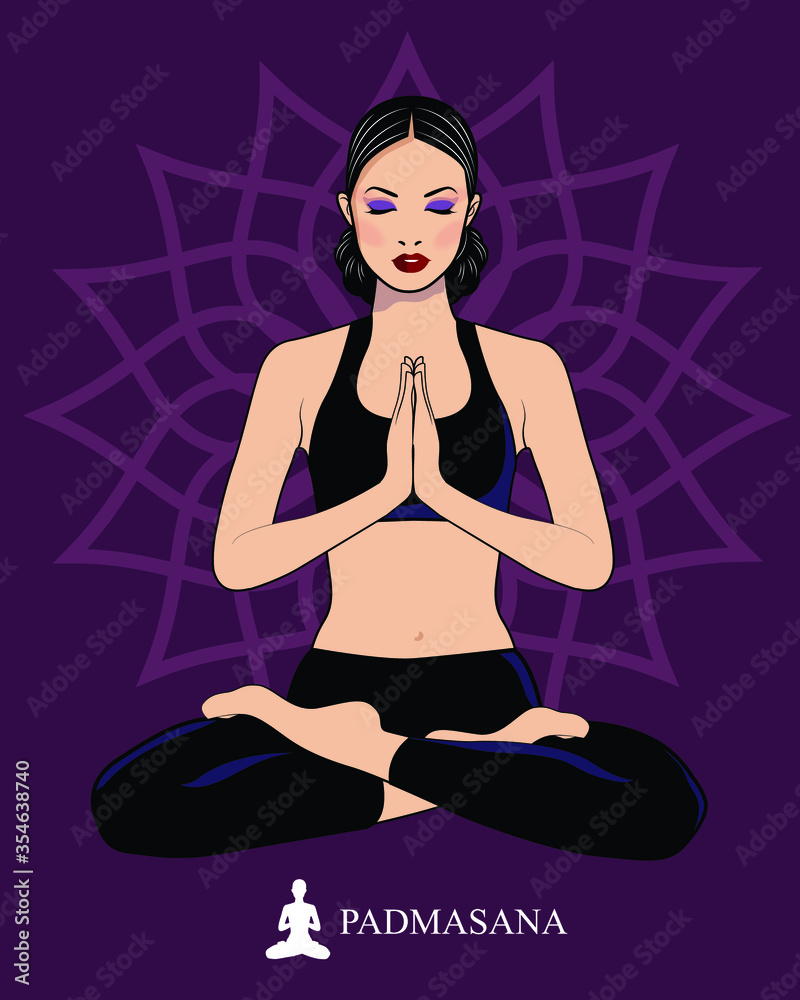 India girl sitting in yoga pose, Lotus Pose or Padmasana asana in hatha yoga, on mandala background. vector illustration in trendy style.