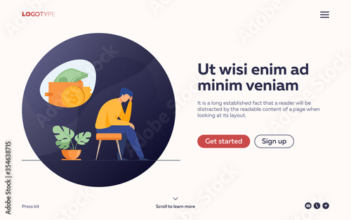 Depressed sad man thinking over financial problems and debts. Businessman broke, needing money, having unpaid loan. Vector illustration for bankruptcy, loss, crisis, trouble concept