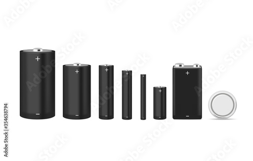Set of black alkaline batteries of various sizes AA, C, D, AAAA, 9-volt, button for your design, vector.