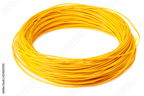 yellow electric cable isolated on white background. electrical wire