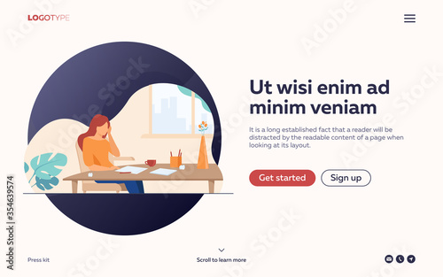 Young author or writer working on new article. Woman sitting at clean paper, crumpling pieces of drafts. Vector illustration for writing, creative crisis, journalism concept