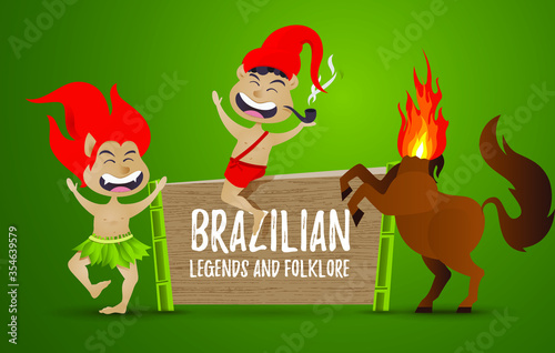 vector illustration the character of Brazilian legends and folklore stories, Curupira, one-legged boy in a red cap with a pipe Saci Perere, mula sem cabeca, Translation: the name characters
