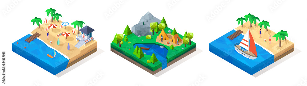 Set of summer landscape. Isometric beach, camping with relaxing people. 3d lowpoly illustration.
