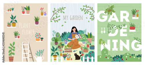 Set of posters with plants, flowers, girl watering seedlings. Woman in her garden, typography, stars, shelves with plants. Concept of home gardening. Background for decoration cards.