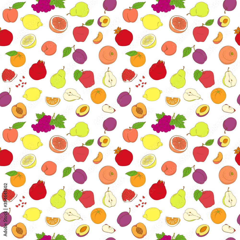 Outline hand drawn seamless colorfull fruit pattern (flat style, thin line).Peach, pear, plum, orange, lemon, grapefruit, grape, pomegranate, apple