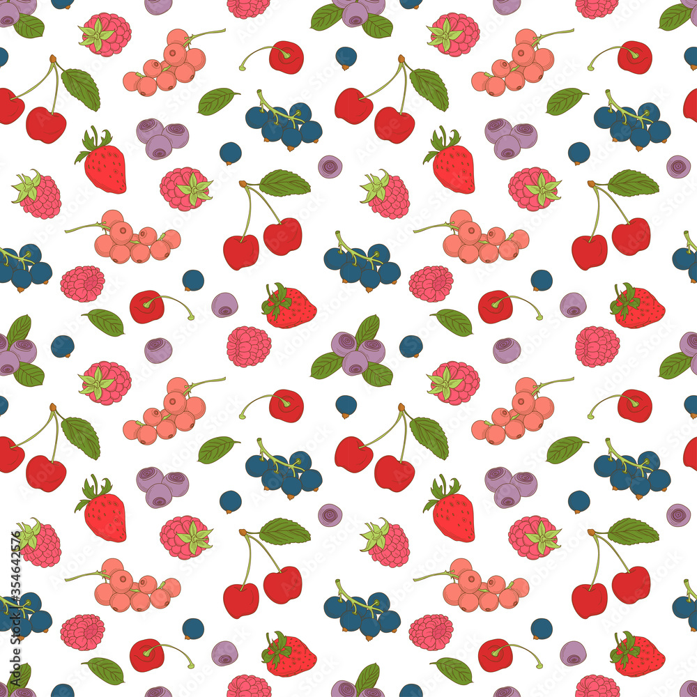 Outline hand drawn color seamless berry pattern (flat style, thin line) Outline hand drawn color seamless berry pattern (flat style, thin line)