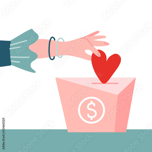 Female hand pushing heart love in box charity and donation concept. Flat vector illustration. Container for monetary donation with dollar sign. Charity symbol of hand putting money into the box.