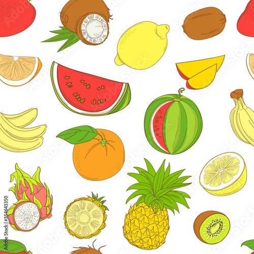 Fototapeta Naklejka Na Ścianę i Meble -  Outline hand drawn seamless colorfull fruit pattern (flat style, thin line). Mango, coconut, lemon, kiwi, orange, watermelon, banana, dragonfruit, pineapple.