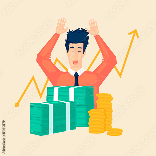 Successful businessman, man and a lot of money.  Flat illustration in cartoon style. Vector.