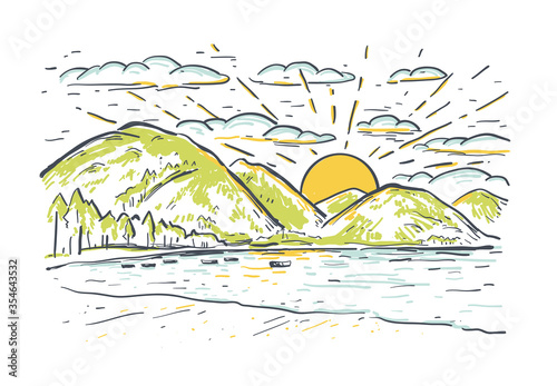 Landscape vector sketch illustration with mountains, lake, boat and beach at sunset. Summer romantic background.