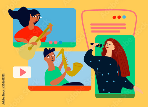 Musical band making online performance using video conferencing platform. Home concert online. Video conferencing software ad. Social distancing concept. Vector illustration in flat style