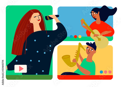 Musical band making online performance using video conferencing platform. Home concert online. Video conferencing software ad. Social distancing concept. Vector illustration in flat style